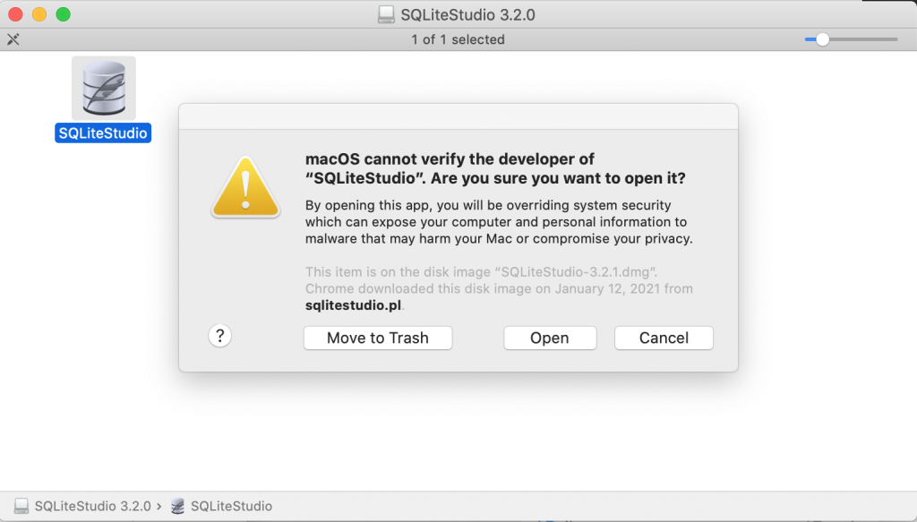 macOS cannot verify the developer of “SQLiteStudio”. Are you sure you want to open it? Pop-up message in Finder