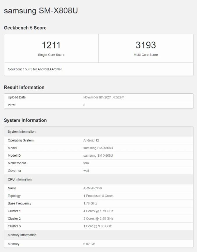 Samsung Galaxy Tab S8 + Samsung Galaxy Tab S8 + Geekbench score