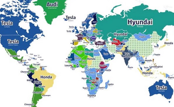 The most popular cars by country World map
