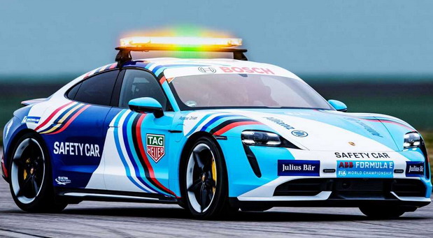 Porsche Taycan new Formula E safety car front side view Porsche Taycan new Formula E safety car front side view