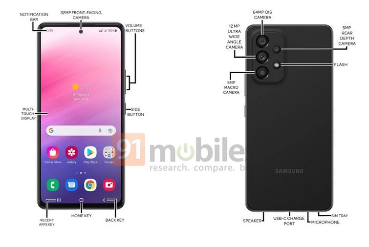 Samsung Galaxy A53 specs front view and back camera view Samsung Galaxy A53 specs front view and back camera view