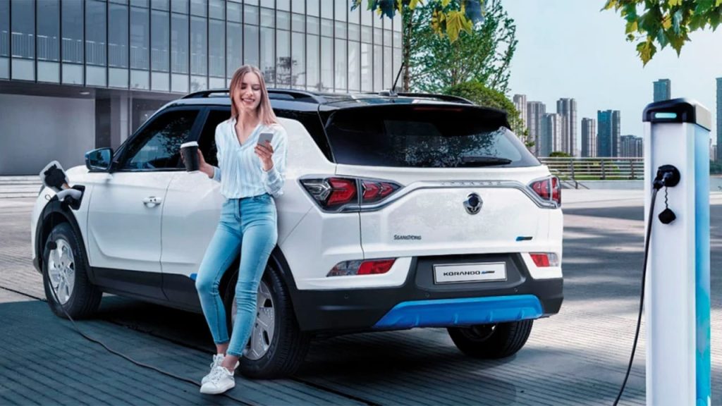 2022 ssangyong korando e-motion electric suv electric rear view charging station