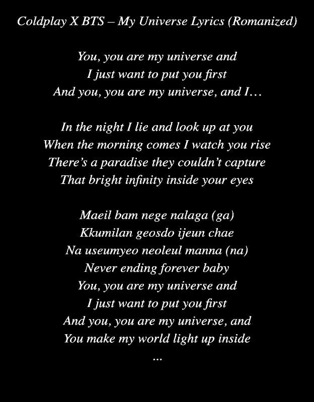 Coldplay X BTS – My Universe Lyrics (Romanized) Lyric Art by AZ World News)