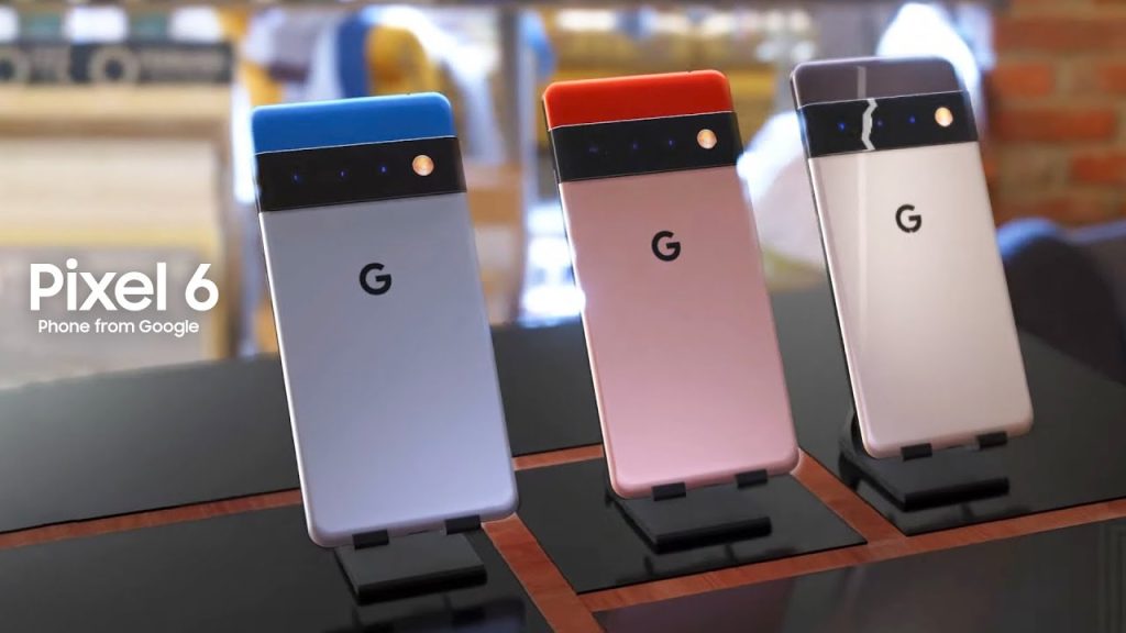 Google Pixel 6 in three colors Sorta Seafoam, Kinda Coral, Stormy Black
back view