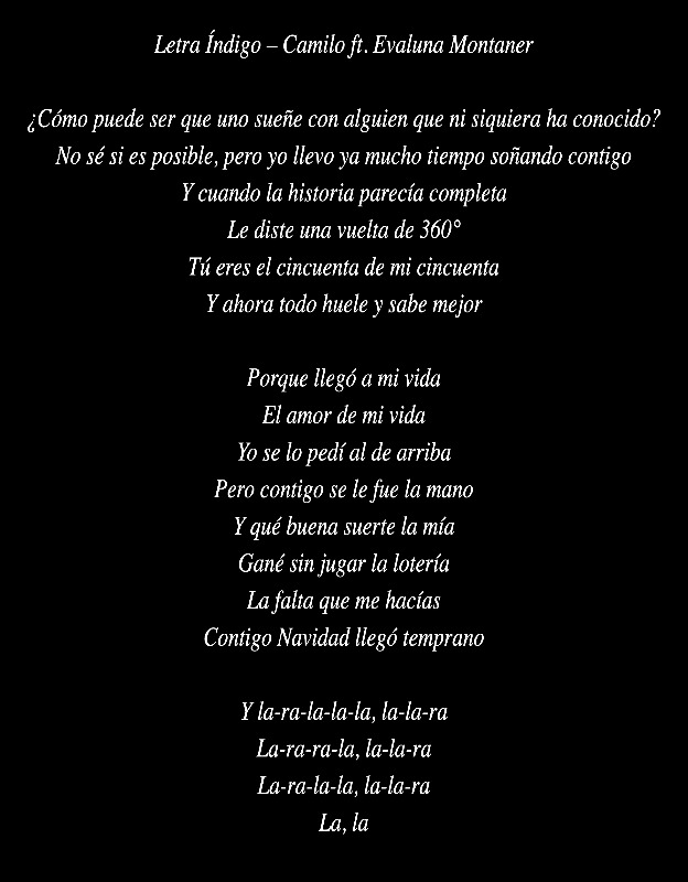 Letra Índigo – Camilo Evaluna Montaner lyric art by AZ World News